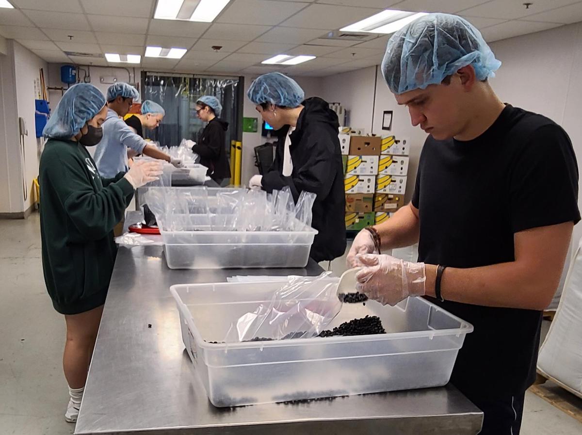 people working at a metal table