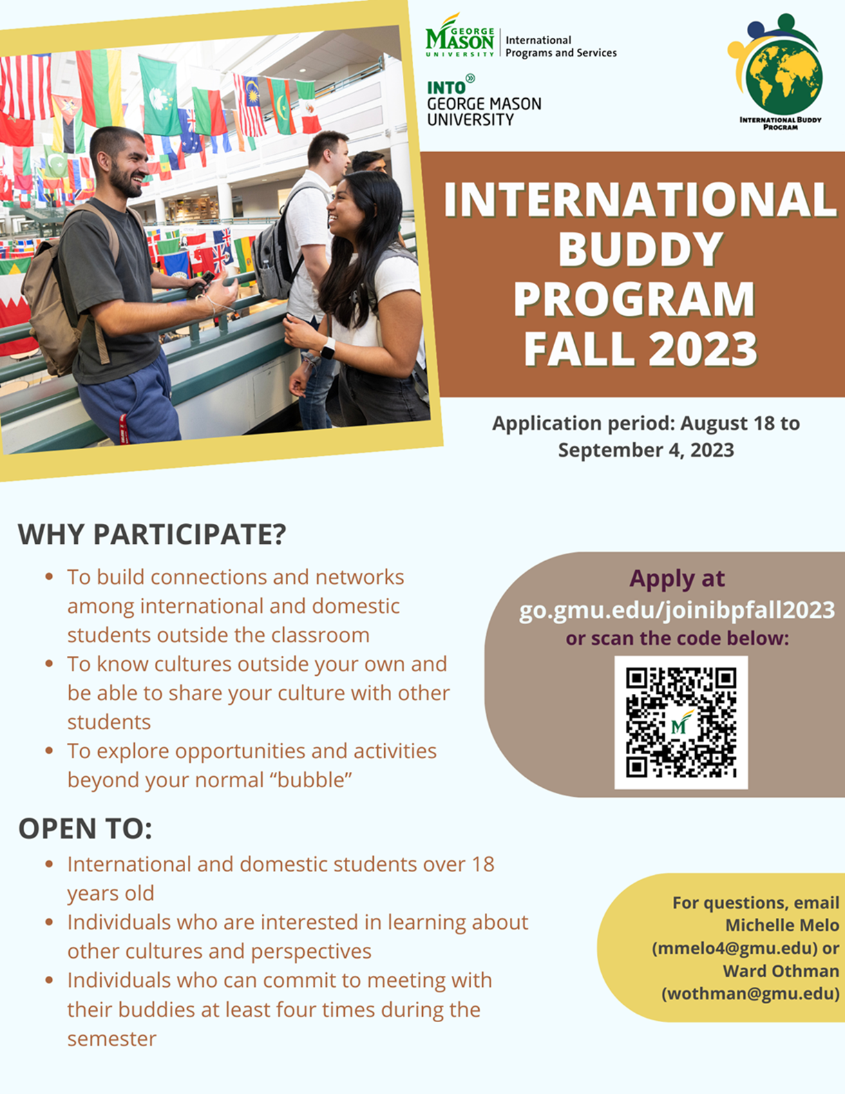 Fall 2023 International Buddy Application Due September 4, 2023 - Sponsored by Office of International Programs and Services
