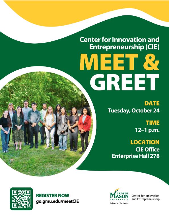 CIE Meet and Greet event in ENT 178 on Tues, Oct 24 from 12-1pm. Lunch provided, email masonbus@gmu.edu for questions