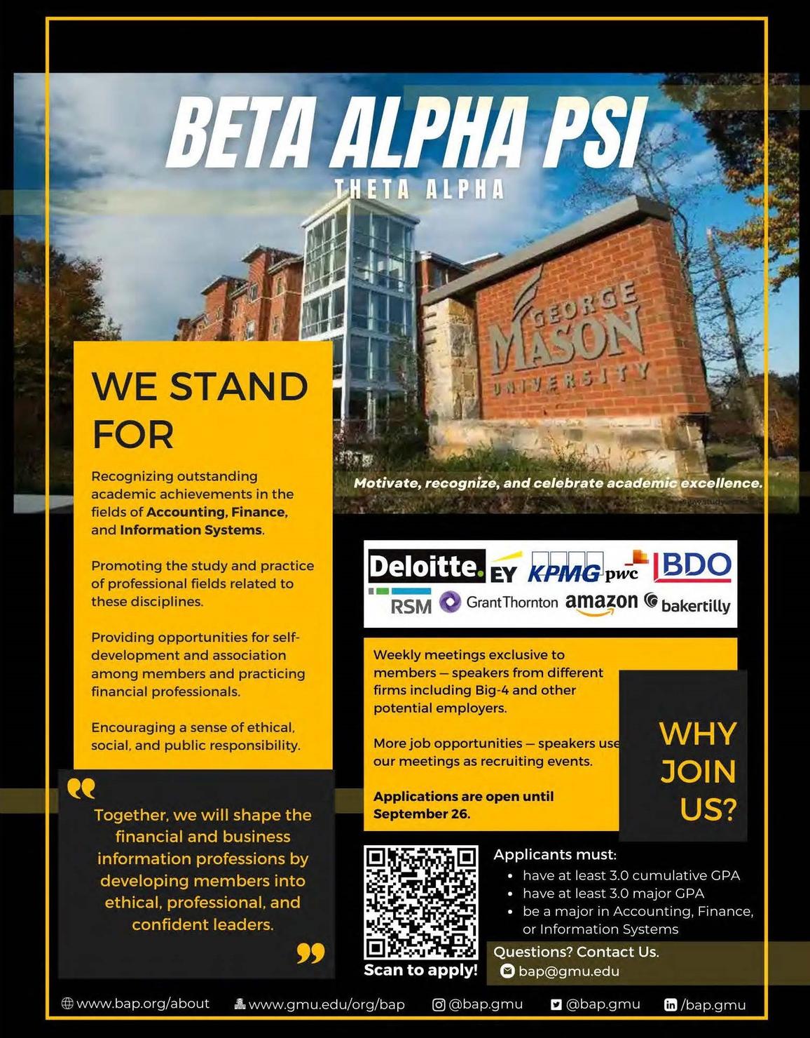 Beta Alpha Psi is accepting applications for their Theta Alpha Chapter. Applications are available online and due by September 26, 2022.